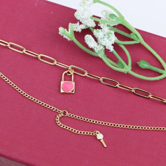 "Dual Layer Rose Gold Bracelet with Heart Lock & Key Charms, XPBL1157 - Picture 11 of 12